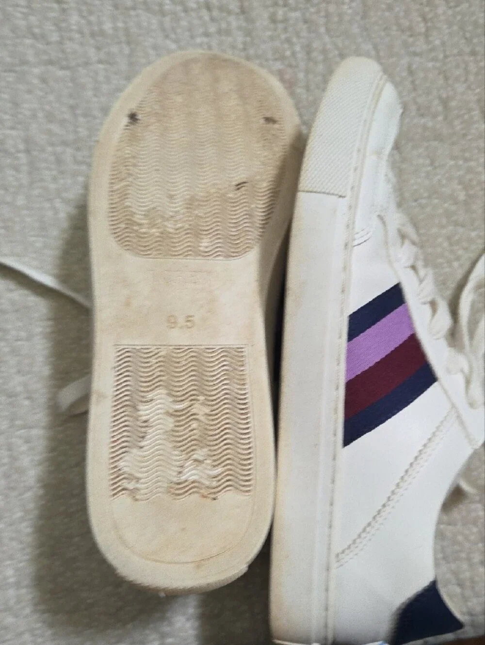 J. Crew White Leather Sneakers with Navy & Purple Stripe Accents 9.5